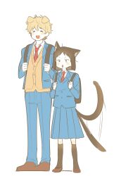 Rule 34 | 1boy, 1girl, afterimage, animal ears, backpack, bag, black socks, blazer, blonde hair, blue jacket, blue pants, blue skirt, bob cut, brown footwear, brown hair, cardigan, cat ears, cat tail, chaksilman, closed eyes, collared shirt, dog ears, ear down, excited, extra ears, facing viewer, hands up, happy, height difference, highres, holding strap, iwakura mitsumi, jacket, kemonomimi mode, kneehighs, loafers, long sleeves, looking at viewer, messy hair, necktie, open mouth, pants, pleated skirt, red necktie, shima sousuke, shirt, shoes, short hair, side-by-side, simple background, sketch, skip to loafer, skirt, socks, standing, tail, tail wagging, white background, white shirt, yellow cardigan