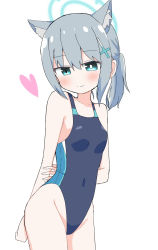 Rule 34 | 1girl, animal ear fluff, animal ears, arm behind back, bare arms, bare shoulders, black one-piece swimsuit, blue archive, blue eyes, blush, breasts, closed mouth, commentary request, competition swimsuit, covered navel, grey hair, groin, hair between eyes, halo, heart, highres, munakyomu, one-piece swimsuit, shiroko (blue archive), shiroko (swimsuit) (blue archive), simple background, small breasts, smile, solo, swimsuit, white background