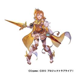 Rule 34 | 1girl, armor, boots, breastplate, granblue fantasy, hair ornament, kosaka honoka, love live!, love live! school idol project, md5 mismatch, official art, orange hair, outstretched hand, pleated skirt, resolution mismatch, side ponytail, skirt, solo, source smaller, sword, thighhighs, weapon
