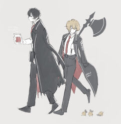 Rule 34 | 2boys, axe, black coat, black footwear, black gloves, black hair, blonde hair, closed eyes, closed mouth, coat, collared shirt, cup, disposable cup, full body, gloves, halberd, holding, holding axe, holding cup, limbus company, long sleeves, multiple boys, necktie, polearm, project moon, red necktie, satome setsuko, shirt, shoes, simple background, sinclair (project moon), weapon, white background, white shirt, yellow eyes, yi sang (project moon)