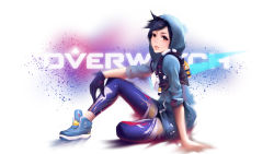 Rule 34 | 1girl, alternate hair color, artist request, black hair, brown eyes, brown hair, chest harness, copyright name, gloves, graffiti, graffiti tracer, harness, highres, hood, hood up, hoodie, leggings, looking at viewer, official alternate costume, overwatch, overwatch 1, paint splatter, shoes, short hair, simple background, single glove, sleeves rolled up, sneakers, solo, swept bangs, tracer (overwatch)