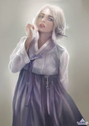 Rule 34 | 1girl, alternate costume, alternate hairstyle, artist name, bluishsalt, diana (league of legends), facial mark, flower, forehead mark, grey eyes, hair flower, hair ornament, hair stick, hanbok, hand up, highres, jewelry, korean clothes, league of legends, looking at viewer, open mouth, photorealistic, realistic, ring, solo, standing, watermark, white hair