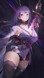 Rule 34 | 1girl, absurdres, armor, black panties, black thighhighs, blush, braid, breasts, bridal gauntlets, choker, cleavage, clenched hand, collarbone, commentary, cowboy shot, dark background, drawing sword, dutch angle, genshin impact, glowing, glowing sword, glowing weapon, goback, highres, holding, holding sword, holding weapon, human scabbard, japanese clothes, kimono, large breasts, long hair, looking at viewer, low-braided long hair, low-tied long hair, mitsudomoe (shape), musou isshin (genshin impact), obi, obiage, obijime, panties, parted lips, purple eyes, purple hair, purple kimono, raiden shogun, red ribbon, ribbon, ribbon choker, sash, shoulder armor, shrug (clothing), solo, sword, sword between breasts, thighhighs, thighs, tomoe (symbol), underwear, very long hair, weapon