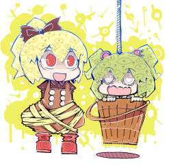 Rule 34 | 2girls, alternate eye color, bad id, bad pixiv id, blonde hair, bow, bucket, denkiusagi, female focus, green hair, hair bobbles, hair bow, hair ornament, in bucket, in container, kisume, kurodani yamame, multiple girls, open mouth, ponytail, puffy sleeves, red eyes, rope, short hair, grey eyes, touhou, twintails