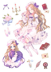 Rule 34 | 1girl, ^ ^, absurdres, blue eyes, bobby socks, book, bottle, bow, candelabra, candlestand, closed eyes, cross-laced clothes, cross-laced legwear, dress, envelope, flower, frilled legwear, frilled pillow, frilled sleeves, frills, hat, heart, heart-shaped pillow, highres, holding, holding pillow, long hair, long sleeves, looking at viewer, mob cap, multiple views, nightgown, no shoes, original, perfume bottle, pillow, pink dress, purple bow, purple ribbon, quill, ribbon, sample watermark, simple background, sleeping, slippers, smile, socks, watermark, wavy hair, white background, white legwear, yuzhi