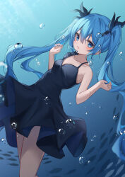 Rule 34 | 1girl, absurdres, air bubble, asymmetrical dress, bare arms, bare shoulders, black dress, blue eyes, blue hair, blue nails, breasts, bubble, cleavage, collarbone, commentary, cowboy shot, dress, fish, floating hair, frilled dress, frills, hair between eyes, hair ornament, hands up, hatsune miku, highres, long hair, looking at viewer, nail polish, parted lips, ryaru ryaru, shinkai shoujo (vocaloid), short dress, sleeveless, sleeveless dress, small breasts, solo, spaghetti strap, twintails, underwater, very long hair, vocaloid