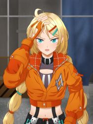 Rule 34 | 1girl, absurdres, ahoge, black shirt, black survival, blonde hair, blue eyes, breasts, cleavage cutout, clothing cutout, eternal return: black survival, fingerless gloves, gloves, hair ornament, hairclip, highres, jacket, long hair, looking at viewer, midriff, navel, nicky blake, open mouth, orange jacket, shirt, small breasts, solo, twintails, upper body, very long hair, wkdals3030