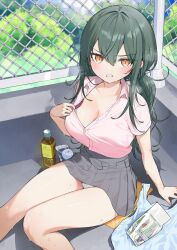 Rule 34 | 1girl, angry, arm support, blush, bottle, breasts, buttons, cleavage, clenched teeth, clothes pull, collared shirt, commentary request, fence, food, green hair, grey skirt, hair between eyes, highres, hot, itohana, large breasts, long hair, looking at viewer, low ponytail, orange eyes, original, outdoors, panties, panty peek, partially unbuttoned, pink shirt, pleated skirt, rooftop, shirt, shirt pull, sidelocks, sitting, skirt, snack, solo, sweat, teeth, thighs, underwear