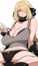 1girl bare_shoulders blonde_hair blush breasts cleavage creatures_(company) cynthia_(pokemon) fur_collar game_freak grey_eyes hair_ornament hair_over_one_eye highres kashu_(hizake) large_breasts long_hair long_sleeves looking_at_viewer nintendo pokemon pokemon_dppt solo thighs