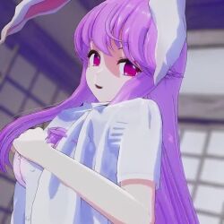Rule 34 | 1girl, 3d, animated, bra, breasts, cleavage, large breasts, light purple hair, long hair, mofumoko5, one breast out, open clothes, purple eyes, reisen udongein inaba, solo, tagme, thighs, touhou, underwear, video