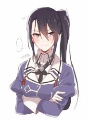 Rule 34 | 1girl, black hair, blush, brown eyes, commentary request, crossed arms, gloves, jacket, juliet sleeves, kantai collection, long hair, long sleeves, looking at viewer, nachi (kancolle), nachi kai ni (kancolle), puffy sleeves, purple jacket, side ponytail, solo, sweatdrop, totto (naka), uniform, upper body, white background, white gloves