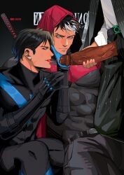 3boys after_fellatio bara batman_(series) belt black_belt black_bodysuit black_hair black_pants black_shirt blue_bodysuit blue_eyes bodysuit cigarette cum cum_in_mouth cum_on_tongue dc_comics dick_grayson doufujintianxianle erection highres holding holding_cigarette holding_lighter hood jason_todd large_pectorals lighter looking_at_another male_focus multicolored_hair multiple_boys muscular muscular_male nightwing pants pectorals penis red_hood_(dc) shirt short_hair tongue tongue_out two-tone_bodysuit two-tone_hair white_hair yaoi
