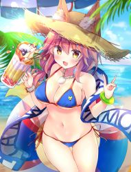 Rule 34 | 1girl, animal ear fluff, animal ears, beach, beer mug, bikini, blue bikini, blush, bracelet, breasts, cleavage, commentary request, cowboy shot, cup, dappled sunlight, day, dessert, fang, fate/grand order, fate (series), feet out of frame, food, fox ears, fox shadow puppet, groin, hat, highres, holding, holding cup, innertube, jewelry, large breasts, masayo (gin no ame), medium hair, mug, navel, necklace, palm tree, pink hair, side-tie bikini bottom, solo, straw hat, sunlight, swim ring, swimsuit, tamamo (fate), tamamo no mae (fate/extra), tamamo no mae (swimsuit lancer) (fate), tree, water, yellow eyes