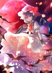 Rule 34 | 1girl, bat (animal), bat wings, blue hair, bow, dress, expressionless, frilled sleeves, frills, gloves, hat, kazu (muchuukai), looking at viewer, mob cap, moon, pink eyes, puffy sleeves, red bow, red eyes, red moon, red ribbon, red sky, remilia scarlet, ribbon, short hair, short sleeves, sky, solo, touhou, white dress, wings