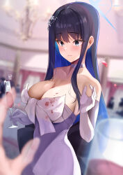 Rule 34 | 1girl, absurdres, alcohol, bare shoulders, black hair, blue archive, blue eyes, blue hair, blurry, blurry foreground, breasts, champagne, champagne flute, choker, cleavage, colored inner hair, commentary request, cup, drinking glass, elbow gloves, gloves, highres, holding, holding cup, large breasts, long hair, multicolored hair, official alternate costume, saori (blue archive), saori (dress) (blue archive), sezok, solo, solo focus, two-tone hair, white choker, white gloves