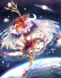 Rule 34 | 10s, 1girl, arrow (projectile), bow, cloud, dress, earth (planet), feathers, flower, galaxy, gloves, hair ribbon, highres, kaname madoka, kyubey, mahou shoujo madoka magica, mahou shoujo madoka magica (anime), pink eyes, pink hair, planet, popobobo, ribbon, space, star (sky), star (symbol), twintails, wings