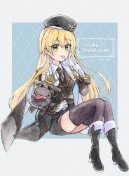 Rule 34 | 1girl, 2zuz4hru, belt, black footwear, black thighhighs, blonde hair, boots, brown belt, commission, crown, full body, girls&#039; frontline, gloves, green eyes, highres, holding, holding stuffed toy, long hair, looking at viewer, military uniform, painting (medium), pointing, simple background, sitting, smile, stg44 (girls&#039; frontline), stuffed animal, stuffed toy, thank you, thighhighs, tongue, tongue out, traditional media, uniform, watercolor (medium), white gloves