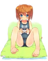 Rule 34 | 1girl, bad anatomy, barefoot, blue eyes, brown hair, controller, feet, game controller, one-piece swimsuit, original, pillow, s.o chin, school swimsuit, short hair, solo, spread legs, swimsuit, twintails