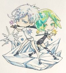 Rule 34 | 4813134260, absurdres, androgynous, antarcticite, chibi, cleaver, expressionless, gem uniform (houseki no kuni), gender request, green eyes, green hair, high heels, highres, holding, holding sword, holding weapon, houseki no kuni, ice, ice floe, katana, phosphophyllite, short hair, grey eyes, silver hair, smile, sparkle, spoilers, sword, traditional media, weapon