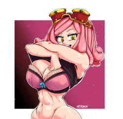 Rule 34 | 1girl, black shirt, boku no hero academia, bra, breasts, cleavage, flauschdraws, goggles, goggles on head, groin, hatsume mei, highres, large breasts, looking at viewer, medium hair, navel, open mouth, pink bra, pink hair, shirt, narrow waist, smile, solo, stomach, sweat, symbol-shaped pupils, toned, underwear, undressing, wide hips, yellow eyes