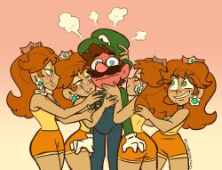 Rule 34 | 1boy, 4girls, blue eyes, blush, breasts, brooch, brown hair, crown, earrings, flipped hair, flower earrings, gloves, grin, hat, jewelry, looking at another, luigi, mario (series), multiple girls, nervous, nintendo, overalls, princess daisy, shorts, smile, smug, standing, tomboy
