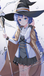 Rule 34 | 1girl, absurdres, bad id, bad pixiv id, black hat, black skirt, blue eyes, blue hair, braid, brown cape, cape, crossed bangs, gradient background, hair ribbon, hat, highres, holding, holding staff, huge filesize, jacket, long hair, looking at viewer, mushoku tensei, plaid, ribbon, roxy migurdia, skirt, smile, solo, staff, standing, twin braids, water, white jacket, witch, witch hat, yulha 06