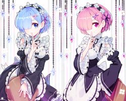 Rule 34 | 10s, 2girls, apron, black ribbon, blue hair, breasts, choker, cleavage, detached sleeves, dress, finger to mouth, hair over one eye, hair ribbon, hand on own hip, head wreath, highres, hwansang, index finger raised, looking at viewer, maid, medium breasts, multiple girls, neck ribbon, parted lips, pink hair, pink ribbon, purple ribbon, ram (re:zero), re:zero kara hajimeru isekai seikatsu, red eyes, rem (re:zero), ribbon, ribbon-trimmed dress, ribbon-trimmed sleeves, ribbon trim, short hair, siblings, sisters, smile, standing, striped, striped background, twins