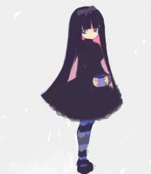 Rule 34 | 10s, 1girl, black dress, blue eyes, bow, colored inner hair, cup, drawr, dress, hair bow, long hair, mug, multicolored hair, panty &amp; stocking with garterbelt, solo, stocking (psg), striped clothes, striped thighhighs, thighhighs, two-tone hair, urakata (uracata)