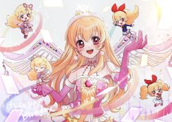 Rule 34 | 1girl, :d, aikatsu!, aikatsu! (series), bare shoulders, blonde hair, blue jacket, blush, bow, chibi, chibi inset, closed eyes, crown, dated, dress, earrings, fake wings, gloves, hair bow, hair ribbon, hairband, happy birthday, highres, hoshimiya ichigo, jacket, jewelry, long hair, machiko (milk maciko), mini crown, official alternate costume, open mouth, pink dress, pink gloves, pleated skirt, red eyes, ribbon, school uniform, skirt, sleeveless, sleeveless dress, smile, solo, starlight academy school uniform, tiara, twintails, white skirt, wings