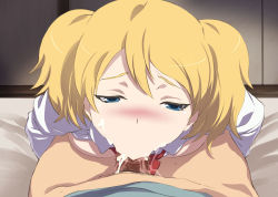 Rule 34 | 10s, 1girl, :&gt;=, akira (coffee curry), blonde hair, blue eyes, blush, breast press, breasts, censored, cum, cum in mouth, dark penis, emma (honto ni atta! reibai-sensei), facial, fellatio, from above, hetero, honto ni atta! reibai-sensei, long hair, oral, penis, pov, saliva, short hair, short twintails, small breasts, solo focus, twintails