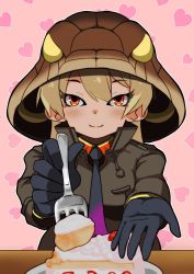 Rule 34 | 1girl, black gloves, blonde hair, breast pocket, brown jacket, cake, closed mouth, collared jacket, detached hood, drawstring, feeding, food, foreshortening, fork, fruit, gloves, hair between eyes, heart, heart background, high collar, highres, holding, holding fork, hood, hood up, hurisian, incoming food, jacket, kemono friends, king cobra (kemono friends), long hair, long sleeves, necktie, orange eyes, outstretched arms, outstretched hand, plate, pocket, smile, solo, strawberry, tan