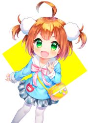 Rule 34 | 1girl, :d, ahoge, bad id, bad pixiv id, bag, blue shirt, blush, brown hair, commentary request, copyright request, fang, fingernails, green eyes, grey skirt, hair ornament, hand up, highres, kindergarten uniform, komachi pochi, long sleeves, looking at viewer, open mouth, osanai mei, pantyhose, plaid, plaid skirt, pleated skirt, shirt, shoulder bag, skirt, smile, solo, two side up, v, virtual youtuber, white pantyhose