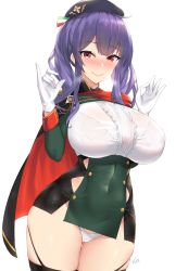 Rule 34 | 1girl, arms up, azur lane, black thighhighs, blush, bra visible through clothes, breasts, breath, cameltoe, cape, covered navel, cowboy shot, curvy, dress, garter straps, gloves, hair over shoulder, hat, highres, italian flag, kuavera, large breasts, long sleeves, looking at viewer, micro panties, nose blush, ok sign, panties, pola (azur lane), purple hair, red eyes, revealing clothes, see-through, skin tight, skindentation, smile, solo, taut clothes, taut dress, thighhighs, twintails, underwear, white gloves, white panties, wide hips