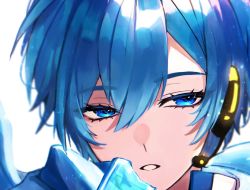 Rule 34 | 1boy, bitten, blue eyes, blue hair, blue scarf, half-closed eyes, headset, highres, ice cream bar, kaito (vocaloid), male focus, parted lips, portrait, scarf, solo, ste sou25, vocaloid, white background