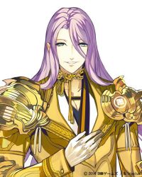 Rule 34 | 10s, 1boy, arai teruko, armor, company name, dated, gold armor, green eyes, hachisuka kotetsu, jpeg artifacts, long hair, looking at viewer, male focus, official art, parted lips, purple hair, simple background, solo, touken ranbu, upper body, very long hair, watermark, white background