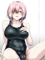 Rule 34 | 1girl, black one-piece swimsuit, blush, breasts, competition swimsuit, covered navel, fate/grand order, fate (series), glasses, hair over one eye, hand on own chest, heavy breathing, highleg, highleg swimsuit, highres, large breasts, looking at viewer, mash kyrielight, one-piece swimsuit, open mouth, pink hair, purple eyes, purple hair, short hair, smile, solo, swimsuit, tgxx3300
