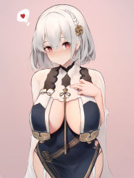 Rule 34 | 1girl, alternate costume, azur lane, bad id, bad pixiv id, blush, braid, breasts, breasts apart, china dress, chinese clothes, cleavage, dress, garter straps, hair ornament, heart, highres, large breasts, looking at viewer, red eyes, revealing clothes, short hair, simple background, sirius (azur lane), sirius (azure horizons) (azur lane), solo, spoken heart, white hair, yashemao qishi