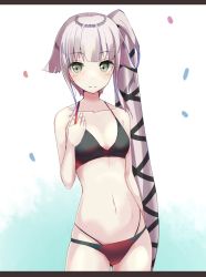 Rule 34 | 10s, 1girl, alternate costume, bare arms, bare shoulders, bikini, black bikini, breasts, commentary request, green eyes, hair ornament, hair ribbon, heavens thunder (byakuya-part2), kantai collection, letterboxed, long hair, looking at viewer, navel, pink hair, ponytail, ribbon, side ponytail, small breasts, solo, swimsuit, very long hair, yura (kancolle)