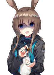 Rule 34 | 1girl, amiya (arknights), animal ears, arknights, ascot, bencao gangmu (19), black ascot, black jacket, blue eyes, brown hair, empty eyes, false smile, highres, holding, jacket, jewelry, long sleeves, looking at viewer, neck ring, open clothes, open jacket, rabbit girl, ring, shaded face, shirt, short hair with long locks, sidelocks, simple background, smile, solo, tareme, upper body, white background, white shirt