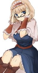 Rule 34 | 1girl, adjusting eyewear, alice margatroid, black-framed eyewear, blonde hair, blue dress, blue eyes, boots, brown footwear, capelet, closed mouth, dress, frilled hairband, frills, glasses, glasses day, hairband, hands up, highres, looking at viewer, medium hair, necro (nekurodayo), red sash, sash, simple background, sitting, solo, touhou, white background, white capelet, wristband