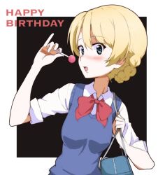 Rule 34 | 1girl, alternate costume, bag, black background, blonde hair, blue eyes, blue sweater vest, blue vest, blush, border, bow, bowtie, braid, candy, collared shirt, darjeeling (girls und panzer), food, girls und panzer, hair between eyes, happy birthday, holding, holding candy, holding food, holding lollipop, kayabakoro, lips, lollipop, looking at viewer, looking to the side, open mouth, red bow, red neckwear, school bag, school uniform, shirt, sleeves rolled up, sweater vest, swept bangs, vest, white border, white shirt
