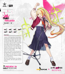 Rule 34 | 1girl, :d, ankle socks, arm up, blonde hair, blue skirt, brown footwear, character name, character profile, clenched hand, commentary, copyright name, crossover, english commentary, eyes visible through hair, full body, girls&#039; frontline, green hair, hair over one eye, high-waist skirt, highres, holding, holding microphone, jacket, letterman jacket, long hair, microphone, microphone stand, multicolored clothes, multicolored hair, multicolored jacket, necktie, nikaidou saki, official art, open clothes, open jacket, open mouth, orange eyes, orange hair, orange necktie, pleated skirt, ponytail, red jacket, school uniform, shirt, shirt tucked in, short sleeves, skirt, smile, socks, solo, streaked hair, two-tone jacket, very long hair, white shirt, white socks, yitiao er-hua, zombie land saga