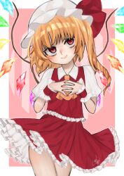 Rule 34 | 1girl, absurdres, ascot, blonde hair, border, closed mouth, collared shirt, cowboy shot, crystal, flandre scarlet, frilled skirt, frilled sleeves, frilled vest, frills, hat, head tilt, highres, interlocked fingers, light smile, looking at viewer, medium hair, mob cap, multicolored wings, nail polish, one side up, pink background, puffy short sleeves, puffy sleeves, red eyes, red nails, red skirt, red vest, shiomi lua, shirt, short sleeves, skirt, skirt set, solo, touhou, vest, white border, white hat, white shirt, wings, yellow ascot