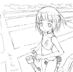 Rule 34 | 00s, 1girl, bicycle, collarbone, flat chest, greyscale, looking at viewer, monochrome, navel, outdoors, re mii, short hair, sketch, sleeveless, smile, solo, zoids, zoids genesis