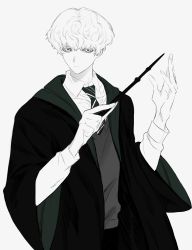 Rule 34 | 1boy, coat, collared shirt, cosplay, curly hair, green theme, hands up, hanes 025, harry potter (series), highres, hogwarts school uniform, holding, holding wand, korean commentary, long sleeves, looking at viewer, monochrome, necktie, original, roy (hanes 025), school uniform, shirt, short hair, simple background, slytherin, solo, sweater vest, upper body, wand, wizarding world