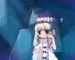 Rule 34 | bed, blonde hair, bow, fantasy, frills, grimgrimoire, hat, lillet blan, long hair, night, pajamas, purple eyes, puti devil, solo, tears, witch