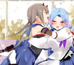 Rule 34 | 2girls, arm strap, arms around neck, arms at sides, assault lily, bad id, bad twitter id, bare shoulders, belt, black belt, black footwear, black shirt, blue hair, blue sailor collar, blue skirt, blurry, blurry background, blush, braid, braided ponytail, breasts, buttons, commentary request, couch, crop top, day, detached sleeves, drooling, ear blush, ear licking, fang, fujita asagao, grey hair, half-closed eye, hands up, highres, horns, hug, igusa subaru, indoors, layered sleeves, leg up, licking, long sleeves, looking at another, looking at viewer, low ponytail, low twintails, mechanical horns, medium breasts, mouth drool, multiple girls, neckerchief, on couch, one eye closed, open mouth, parted bangs, pleated skirt, profile, purple eyes, purple neckerchief, raised eyebrows, red eyes, red horns, sailor collar, saliva, sandals, school uniform, serafuku, shirt, sidelocks, single braid, sitting, skirt, sleeveless, sleeveless shirt, smile, socks, sweatdrop, teeth, twintails, undershirt, upper teeth only, v-shaped eyebrows, white shirt, white socks, wide sleeves, window, yuri, zouri
