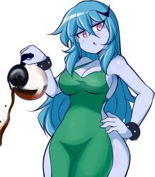 Rule 34 | 1girl, apron, blue hair, blue skin, blush, breasts, cleavage, coffee, coffee cup, colored skin, cowboy shot, cup, curvy, disposable cup, expressionless, green apron, hand on own hip, highres, holding coffee pot, iced latte with breast milk (meme), large breasts, light blush, long hair, looking at viewer, lucy (lucyfer), lucyfer, naked apron, naked towel, original, red eyes, shiny skin, shirt, simple background, solo, standing, thighs, towel, very long hair, wet, white background, wide hips