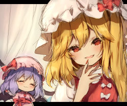 Rule 34 | 2girls, :d, ^ ^, bat wings, blonde hair, blue hair, blush, bow, chibi, closed eyes, commentary request, dress, fang, fingernails, flandre scarlet, hair between eyes, hand up, hat, hat bow, head tilt, letterboxed, long hair, mob cap, multiple girls, nail polish, one side up, open mouth, pink dress, pink headwear, piyokichi, puffy short sleeves, puffy sleeves, red bow, red eyes, red nails, red sash, red vest, remilia scarlet, sash, sharp fingernails, short hair, short sleeves, sketch, smile, touhou, upper body, vest, wavy mouth, white headwear, wings