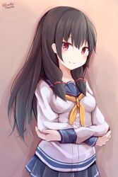 Rule 34 | 1girl, black hair, blue sailor collar, commentary request, cowboy shot, crossed arms, gloves, grey skirt, hair ribbon, highres, isokaze (kancolle), kantai collection, long hair, long sleeves, looking at viewer, neckerchief, one-hour drawing challenge, pleated skirt, red eyes, ribbon, sailor collar, school uniform, serafuku, skirt, smile, solo, tateishi kureha, tress ribbon, twitter username, white gloves, yellow neckerchief